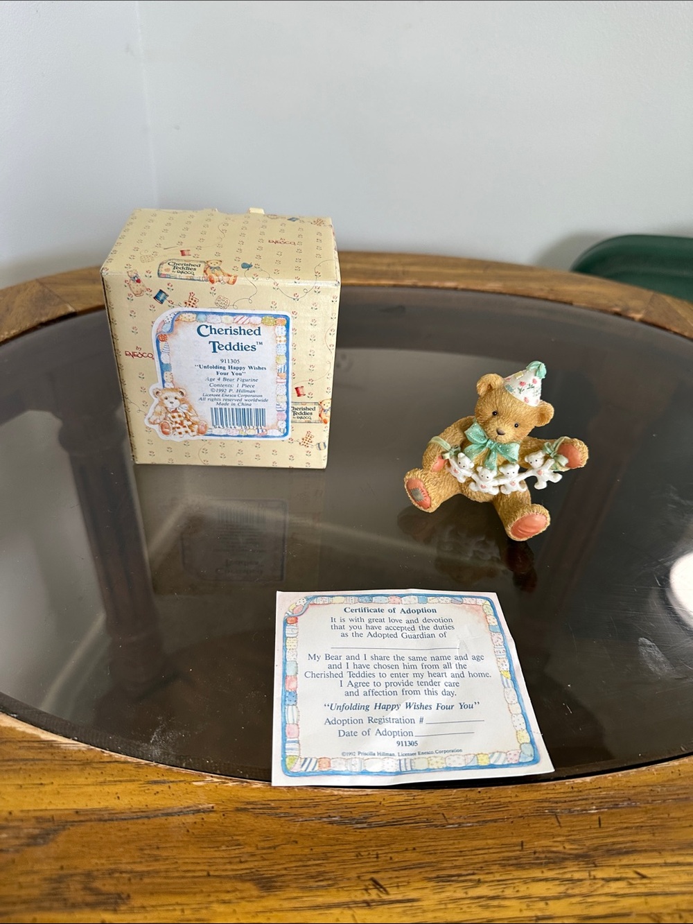 Cherished Teddies Tan Bear Figurine with Green Hat and Garland